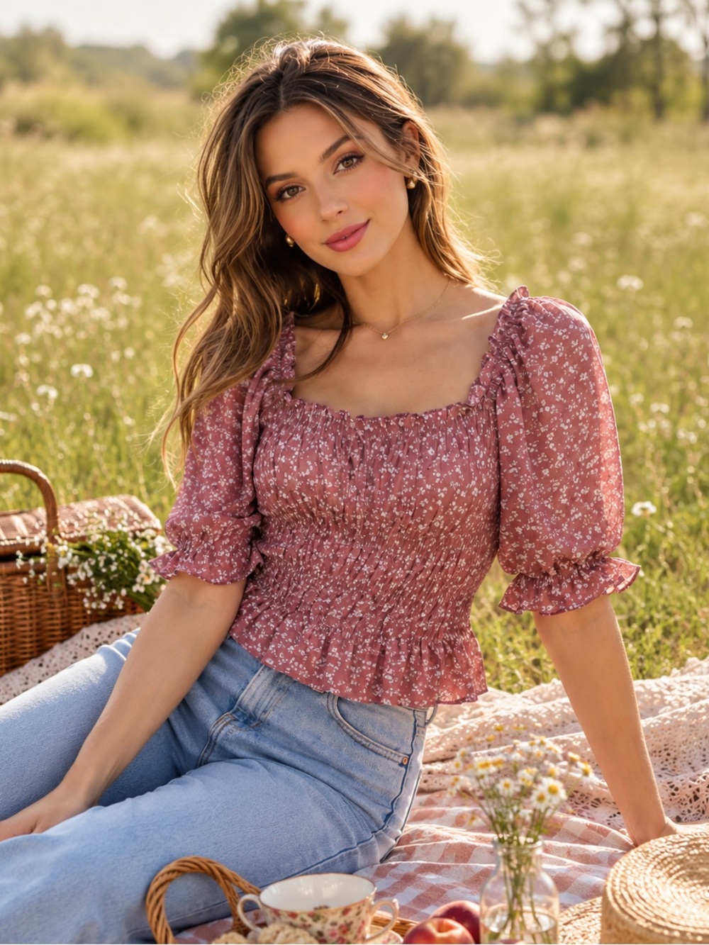 Cotton Candy LA Floral Smocked Puff Sleeve Crop Top Mauve Cottagecore Small